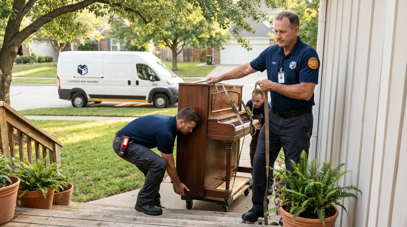 Licensed piano movers securing grand piano in White Sulphur Springs, MT