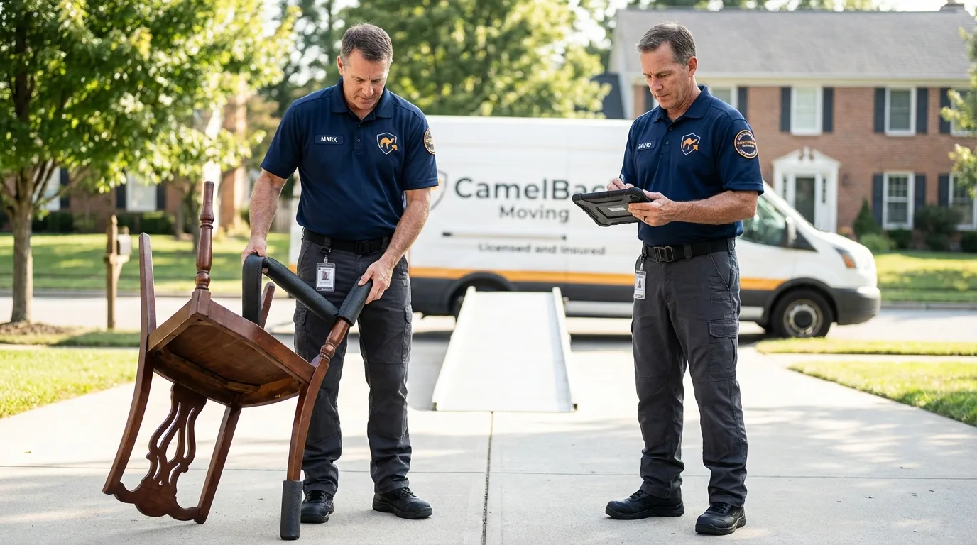 Movers inspecting furniture for damage prevention before loading in White Sulphur Springs, MT