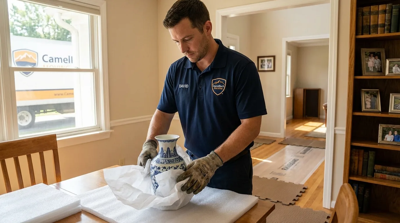 Professional crew carefully wrapping antique vase for senior downsizing move in White Sulphur Springs, MT